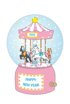 回転木馬のスノードーム2026年年賀状 年賀状,2026年,メリーゴーランド,スノードーム,回転木馬,キラキラ,馬,オルゴール,かわいい,ピンクのイラスト素材