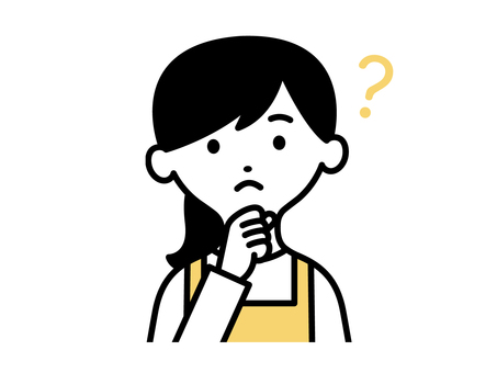 エプロンを着て考える女性 女性,人,エプロン,ママ,ハテナ,質問,悩む,考える,困る,疑問のイラスト素材