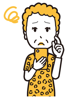  大阪のおばちゃん(黄)-003-バスト スマホ,困る,おばちゃん,大阪,ヒョウ柄,おばはん,中年,女性,関西,派手のイラスト素材