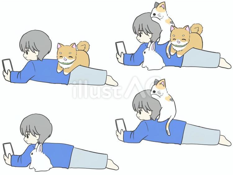 もふもふ達と（カラー・男性ver） 男性,猫,三毛猫のイラスト素材