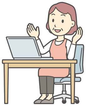 パソコンでビデオ通話しているおばさん ビデオ通話,女性,人,主婦,中年,シニア,エプロン,ママ,お母さん,おかんのイラスト素材