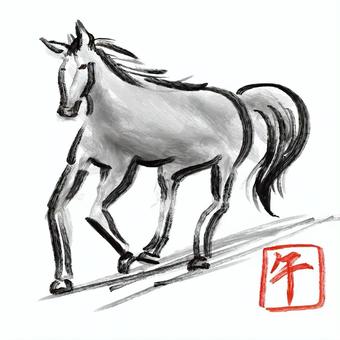 水墨画風の馬 馬,動物,干支,年賀状,謹賀新年,筆,筆ペン,筆風,墨,書道風のイラスト素材