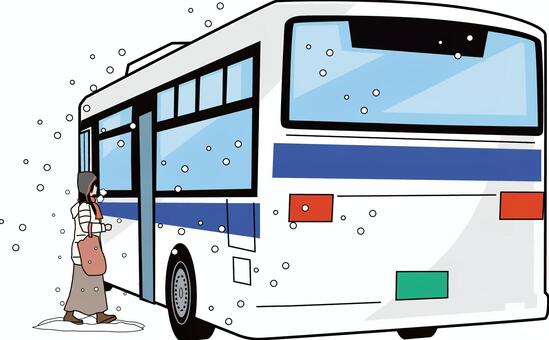 冬の路線バス　 路線バス,冬,雪,乗客,女性,公共交通,走行,後ろ向き,車体のイラスト素材