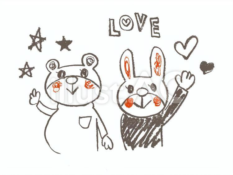 くまとうさぎ 手描き,クレヨン,くまのイラスト素材