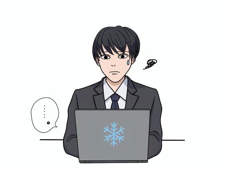 パソコンが固まって困るスーツ姿の男性 パソコン,固まる,フリーズ,困る,スーツ,男性,焦る,ビジネス,困惑,エラーのイラスト素材