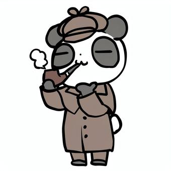 考える探偵パンダ パンダ,考える,悩む,推理,パイプ,タバコ,コスプレ,鳥打帽,現場,全身図のイラスト素材