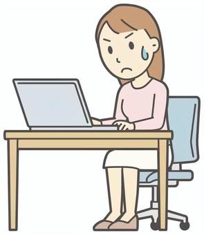  ロングヘア女性-153-全身 パソコン,真剣,女性,女の子,人物,かわいい,一生懸命,考える,デスク,机のイラスト素材