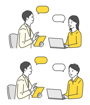 打ち合わせするビジネスパーソンのイラスト ビジネスパーソン,ビジネスマン,ビジネスウーマン,打ち合わせ,ミーティング,面談,ワンオンワン,会話,説明,コミュニケーションのイラスト素材