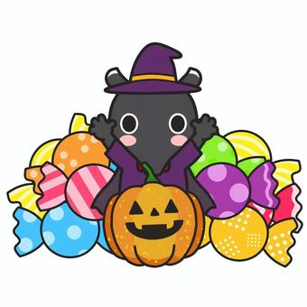 ハロウィングッズで楽しそうなバク ハロウィン,コスプレ,マント,帽子,ジャックオランタン,橙,オレンジ,10月,行事,季節のイラスト素材