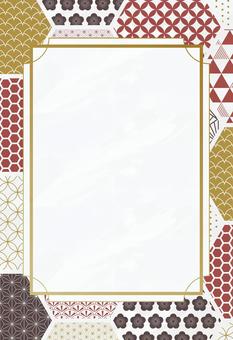 年賀状 亀甲配置の和柄デザイン 縦書き ハガキ,亀甲,赤,黄色,茶色,冬,年賀状,新年,謹賀新年,梅のイラスト素材