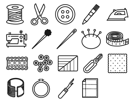 線画で描くお裁縫アイテム整理収納アイコン 裁縫,セット,糸,ハサミ,裁断,ボタン,チャコペン,アイロン,ミシン,まち針のイラスト素材