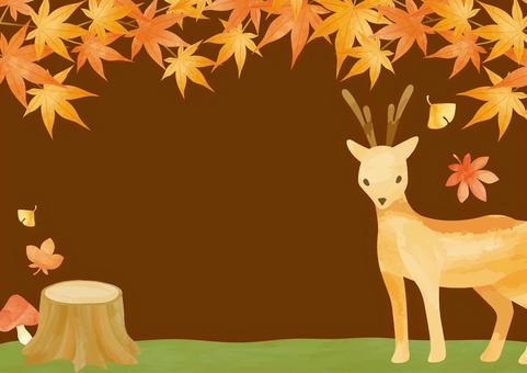 紅葉と鹿のシンプル背景-茶