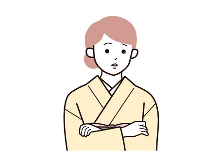 話を聞き悩み考える着物女性A／カラー 腕組み,聞く,考える,女性,お母さん,着物,講師,20代,30代,40代のイラスト素材