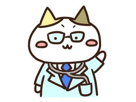 聴診器を首にかけ症状を説明する医者三毛猫 医者,医師,聴診器,白衣,先生,症状,説明,眼鏡,ねこ,医療のイラスト素材