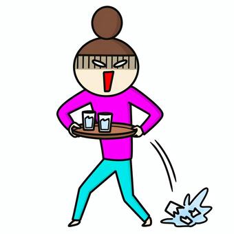 コップを落として割ったおだんごの女性 女性,コップ,グラス,落とした,割れた,トレー,お冷,運ぶ,ビックリ,水のイラスト素材