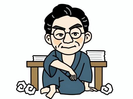 机を背にした坂口安吾 坂口安吾,似顔絵,肖像画,ゆるい,かわいい,手描き,デフォルメ,歴史,人物,カラーのイラスト素材