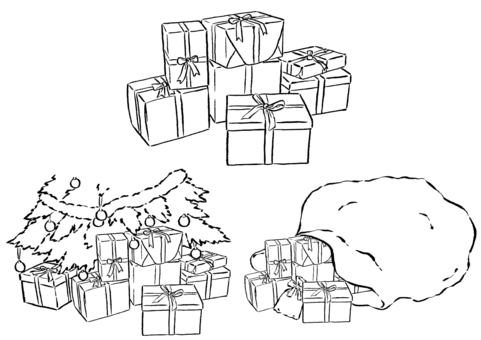 クリスマスプレゼント3種　墨筆 ボックス,クリスマスツリー,プレゼント,プレゼントボックス,贈り物,袋,クリスマス,誕生日,ラッピング,記念日のイラスト素材