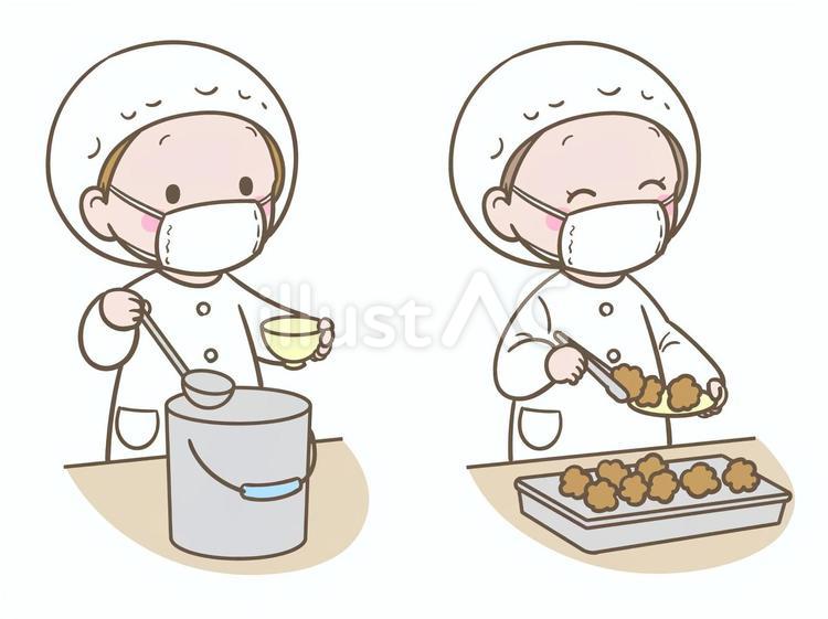 給食当番をするシンプルな男の子と女の子 給食当番,給食,小学生のイラスト素材