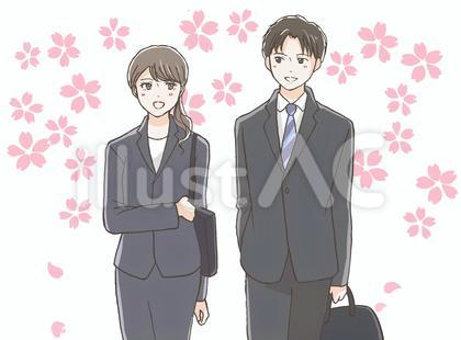 桜とスーツの男女のイラスト(上半身)