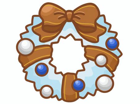 ホワイトクリスマス・リース（ブラウン） ホワイトクリスマス,リース,クリスマス,リボン,ブラウン,茶,銀,青,手描き,一つのイラスト素材