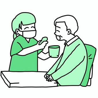 お茶の介助 介護士,高齢者,笑顔,介護福祉士,介助,笑う,ホームヘルパー,コミュニケーション,寄り添う,リハビリのイラスト素材