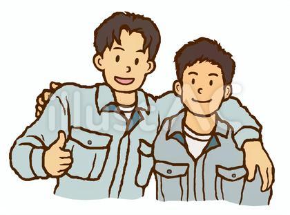 肩を組む作業服の男性2人