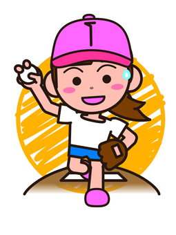 野球_女の子 野球,女の子,キャップ,ボール,ピッチャー,マウント,グローブ,汗,ポニーテール,球技大会のイラスト素材