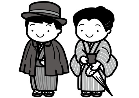 明治人-2c 明治時代,明治,レトロ,服装,帽子,コート,インパネス,トンビコート,着物,帯のイラスト素材