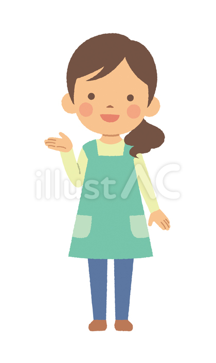 エプロンの女性 紹介するポーズ