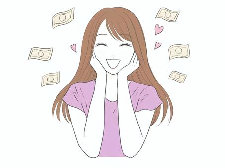 頬に両手を当てて喜ぶ女性（お金） お金持ち,女性,お金,贅沢,給料,ボーナス,収入,手取り,笑顔,喜ぶのイラスト素材