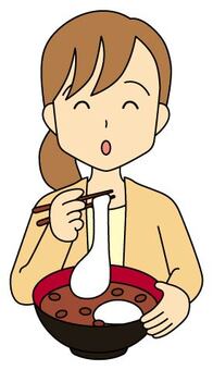 お餅を食べる人2 ぜんざい,餅,小豆,お汁粉,お雑煮,女性,食べる,人物,主線ありのイラスト素材