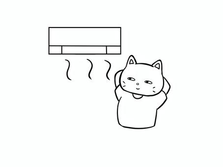 エアコンで涼しんでいる猫の白黒イラスト エアコン,猫,涼しい,夏,風,冷房,冷やす,手描き,白黒,線画のイラスト素材
