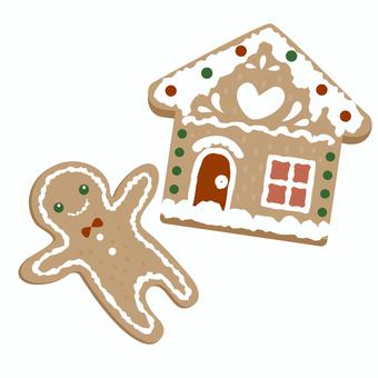 ジンジャーマンと家のクッキーのイラスト ジンジャーブレッド,ジンジャーマン,クッキー,ハウス,家,お菓子,デザート,クリスマス,冬,飾りのイラスト素材