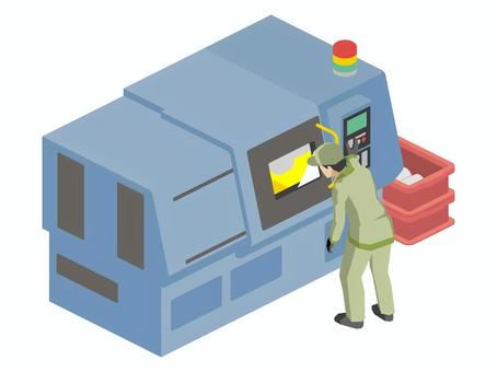 NC旋盤機と作業員B（カラー） nc旋盤,作業員,切削,工員,製品,成形,機械,設備,装置,工場のイラスト素材