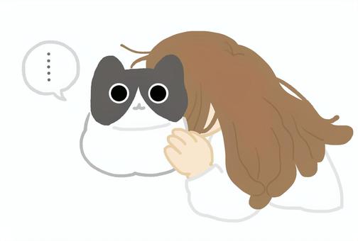 疲れている女性がねこ吸いしているイラスト ネコ,ねこ吸い,疲れ,癒し,女性,虚無,ハチワレ,お手手ないない,香箱座り,人物のイラスト素材