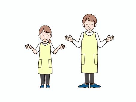 両手を広げる男女_エプロンy 大人,男性,女性,男女,ペア,おそろい,全身,エプロン,ズボン,パンツのイラスト素材