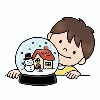 スノードームをながめる男の子 子供,男の子,少年,幼児,児童,小学生,スノードーム,見る,覗く,眺めるのイラスト素材