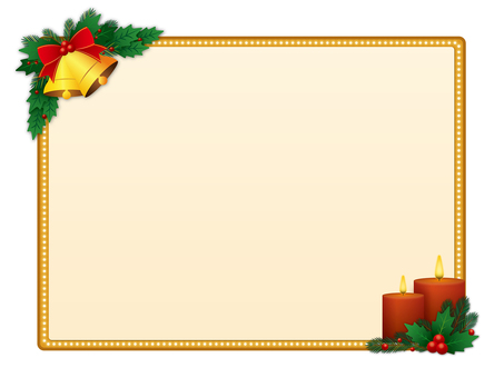 ベルとリボンのクリスマスフレーム（金） クリスマス,フレーム,枠,ベル,鐘,リボン,もみの木,柊,蝋燭,キャンドルのイラスト素材