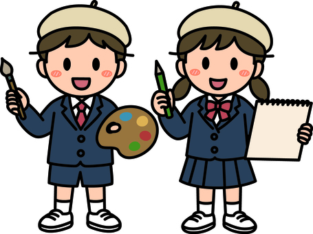 ベージュのベレー帽の美術の子供たちです。 ベレー帽,美術,シンプル,画家,描く,お絵描き,教育,アート,絵画,女の子のイラスト素材