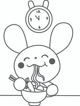 そばを食べるうさぎのイラスト　線画 そば,うさぎ,塗り絵,白黒,線画,海老天,かまぼこ,おいしい,食育,和食のイラスト素材