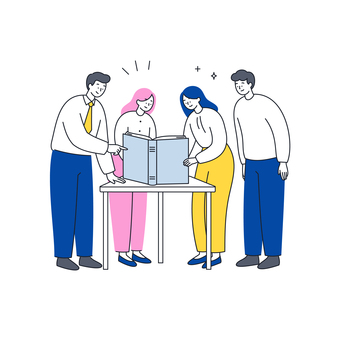 資料を囲んで話し合うビジネスチーム 資料を囲んで話し合うビジネスチーム 人物,男女,ビジネス,チーム,会議,相談,打合せ,企画,提案,説明のイラスト素材