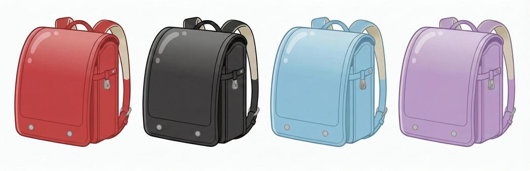 4色のランドセルのイラストセット・入学 ランドセル,入学,入学式,小学生,1年生,鞄,スクールバッグ,学校,教育,子供のイラスト素材
