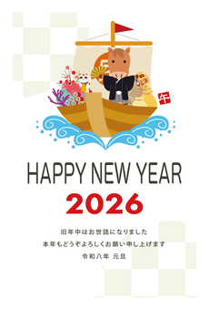 年賀状　2026年　午年 年賀状,2026年,午,午年,宝船,縁起物,波,海,船,乗り物のイラスト素材