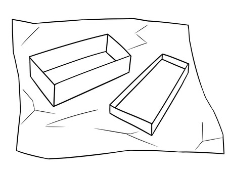 包装紙を開けた横長の四角い箱（モノクロ） 箱,ゆるい,シンプル,手描き,モノクロのイラスト素材