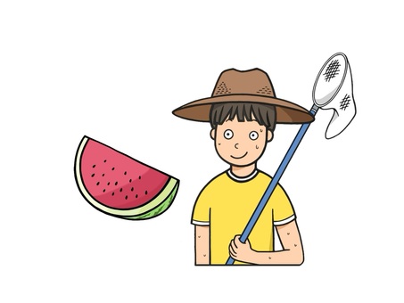 虫取りやスイカで夏休みを満喫する少年 夏,麦わら帽子,虫取り,虫取り網,外遊び,汗,季節,小学生,tシャツ,少年のイラスト素材