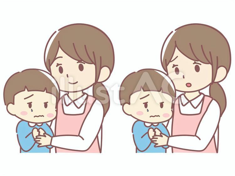 不安な子供と保育士 保育士,保育,保母さんのイラスト素材