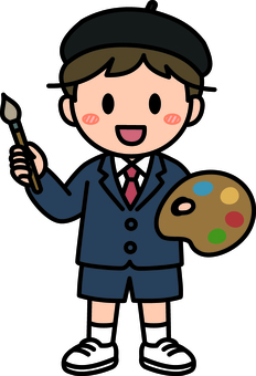 黒のベレー帽の美術の男の子です。 ベレー帽,美術,シンプル,画家,描く,お絵描き,教育,アート,絵画,男の子のイラスト素材