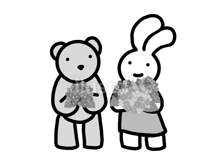 うさぎとくま　あじさい うさぎ,かわいい,手描きのイラスト素材