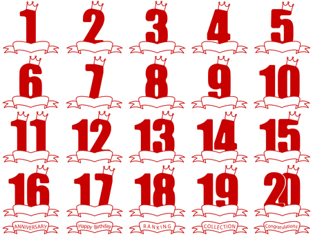【数字】シンプルな王冠とリボン（赤） 数字,リボン,王冠,1,2,3,4,5,6,7のイラスト素材