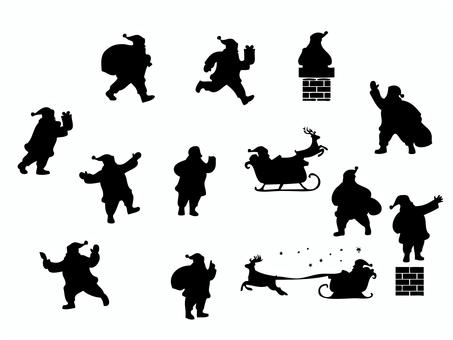 サンタクロースのシルエットセット サンタクロース,サンタ,クリスマス,プレゼント,贈り物,ソリ,トナカイ,煙突,走る,歩くのイラスト素材